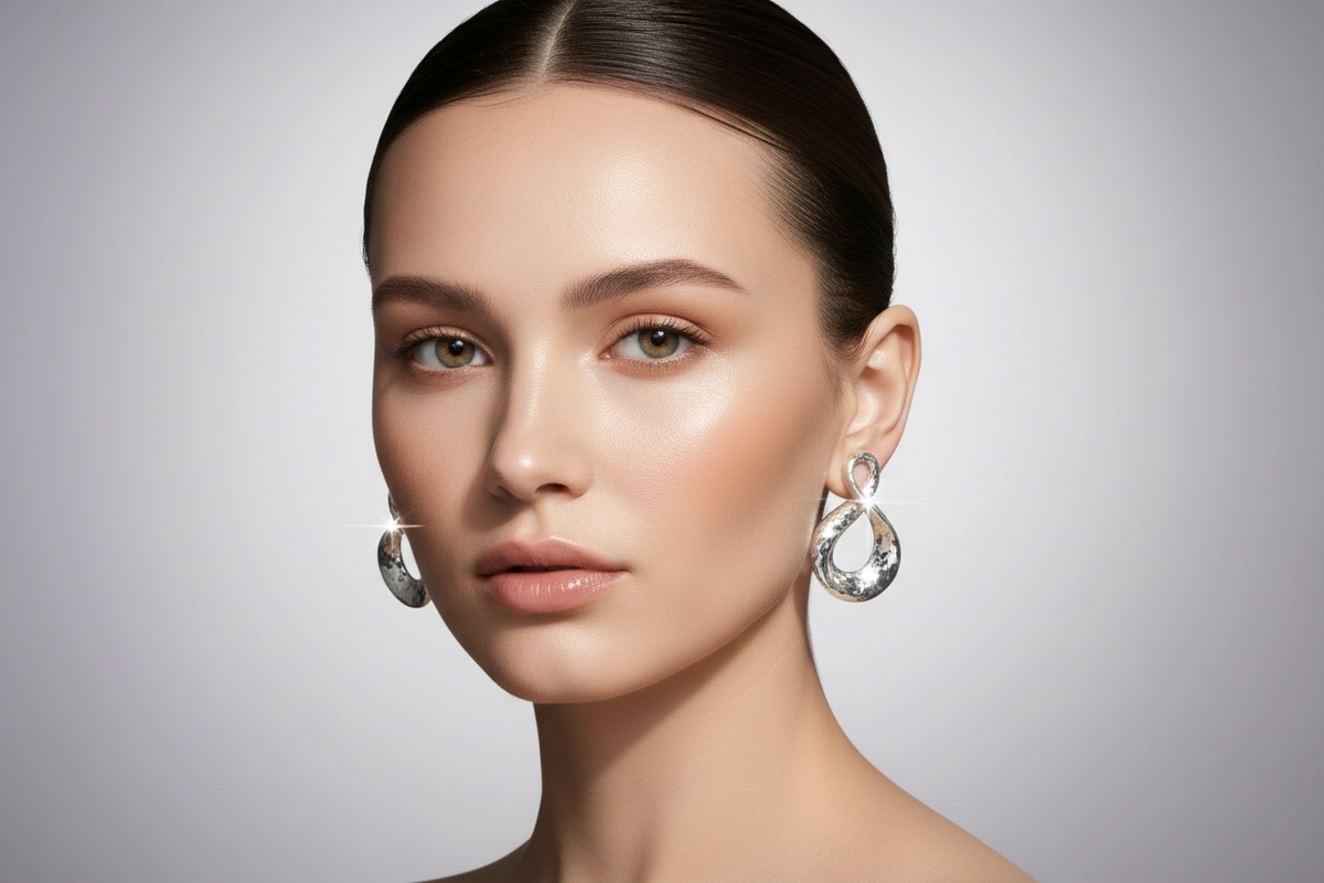 “Create a high-end beauty portrait of a model wearing premium handcrafted silver earrings. Focus on soft skin tone, clean minimal makeup, and dramatic studio lighting. Keep the background blurred with a gradient tone. Highlight the shine, reflection, and purity of the silver earrings.”
