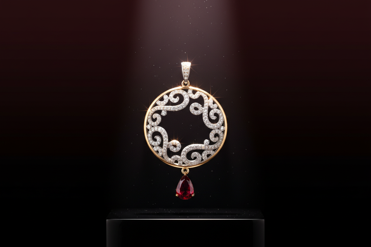 “Create a high-resolution product image of a 925 silver pendant with a luxury aesthetic. Use a gradient backdrop (dark maroon to black), spotlight glow, floating dust particles, and cinematic reflections. The pendant should appear floating with a soft gold rim light. Perfect for hero banners and lookbooks.”