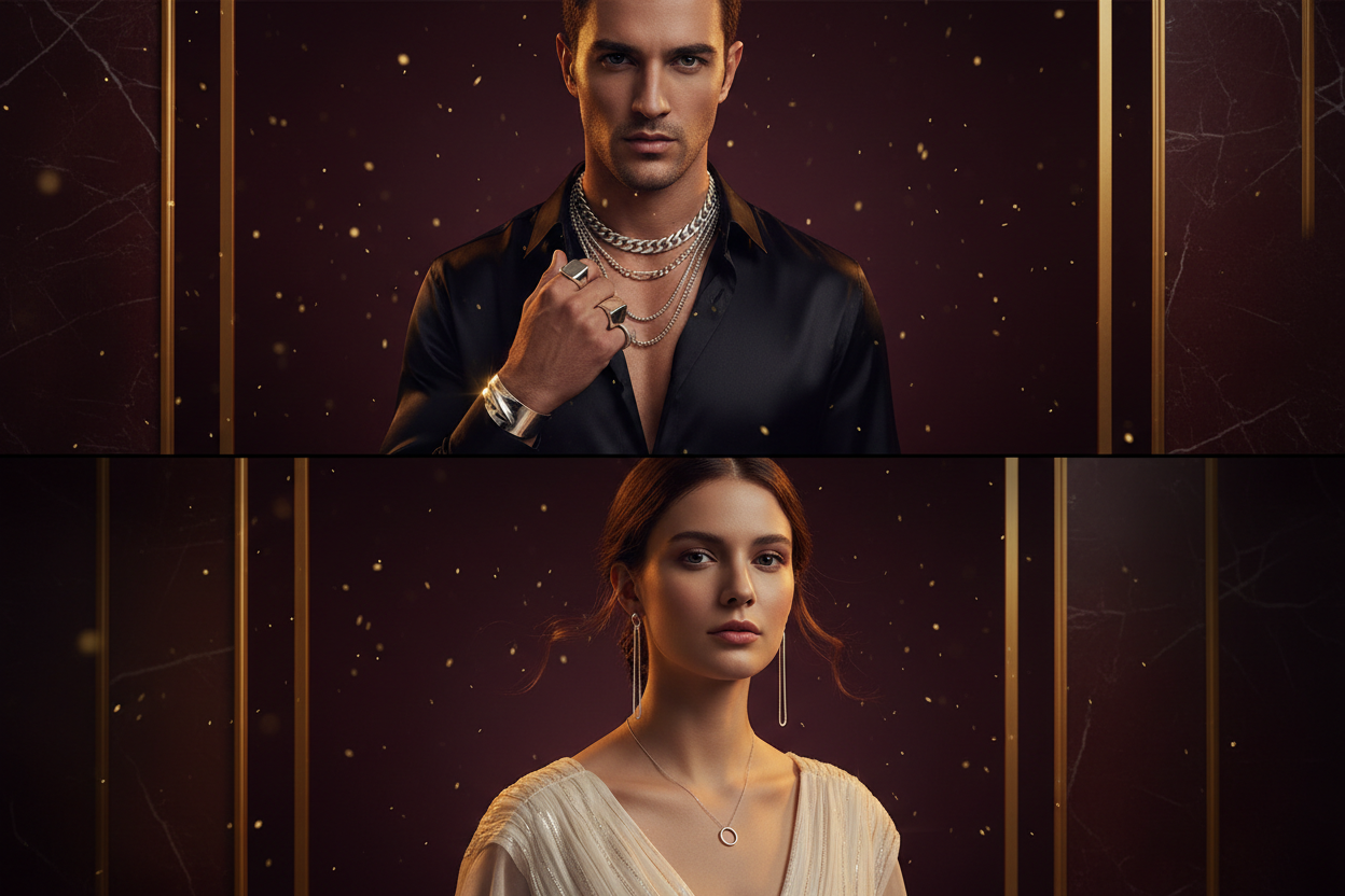 “Create a luxury vertical banner for a jewellery website featuring a split-portrait concept.
Top half: a fashionable male model wearing elegant 925 silver chains, rings, and bracelet, shot in sharp editorial lighting.
Bottom half: a stylish female model wearing delicate silver earrings and a minimal pendant, shot with soft cinematic glow.
Background: deep maroon gradient with subtle gold dust effects.
Highlight the silver jewellery shine with rim lighting.
Portrait orientation: 1080×1920 vertical banner.
Mi