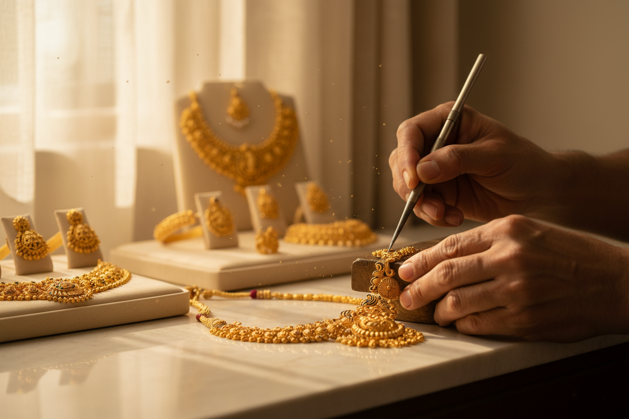 For generations, our artisans have dedicated themselves to the timeless craft of handcrafted jewellery. Each piece is a testament to purity, precision, and tradition.We believe in preserving the heritage of fine craftsmanship while creating pieces that celebrate life's most precious moments. Every design tells a story of dedication, artistry, and the pursuit of perfection.