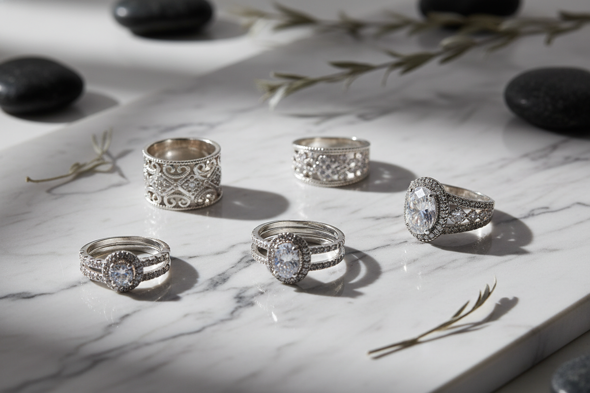 “Generate a flat-lay product image featuring a set of designer 925 silver rings with intricate detailing. Place the rings on a marble surface with soft diffused lighting, natural shadows, and elegant composition. Add a modern luxury aesthetic with shallow depth of field and a soft grey tone.”
