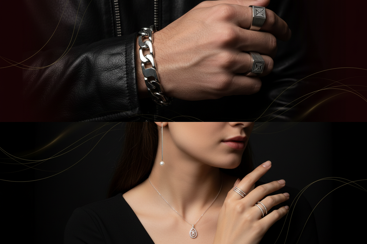 Prompt:
“Generate a luxury vertical banner for a jewellery brand using a creative dual-scene close-up concept.
Upper section: close-up of a man’s wrist and fingers wearing bold silver bracelet and ring over a black jacket — masculine, sharp, high-contrast.
Lower section: close-up of a woman’s neckline and hand wearing elegant lightweight silver jewellery — earrings, dainty pendant, rings — soft feminine glow.
Background: rich maroon to black vertical gradient with gold highlights.
Use premium studio lightin